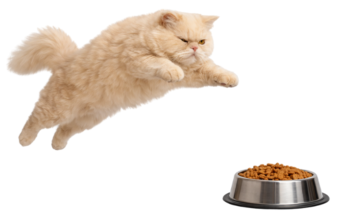 Perser Katze springt zum Futter und symbolisiert den Sprung zum richtigen Kommunikationsmix dank unserer Marketingberatung